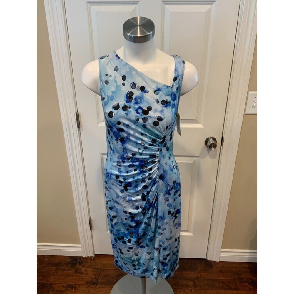 Hilton Hollis Blue Multi Ink Pencil Dress w/ Ruched Sides, Size XS, NWT! $595